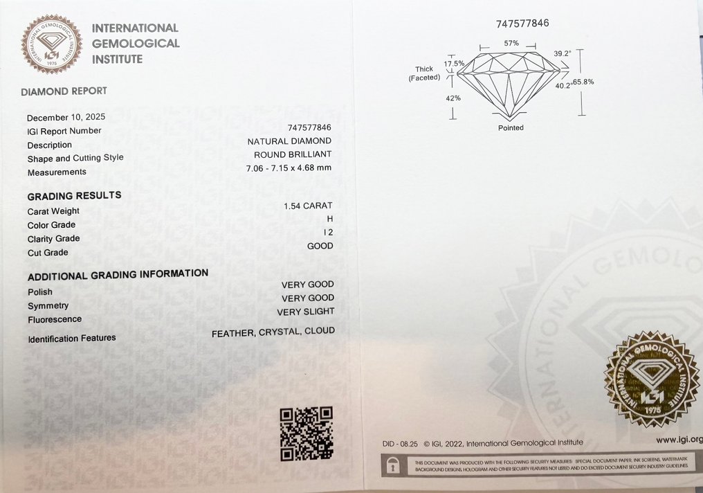 No reserve price - 1 pcs Diamond  (Natural)  - 1.54 ct - Round - H - I2 - International Gemological Institute (IGI) #2.1