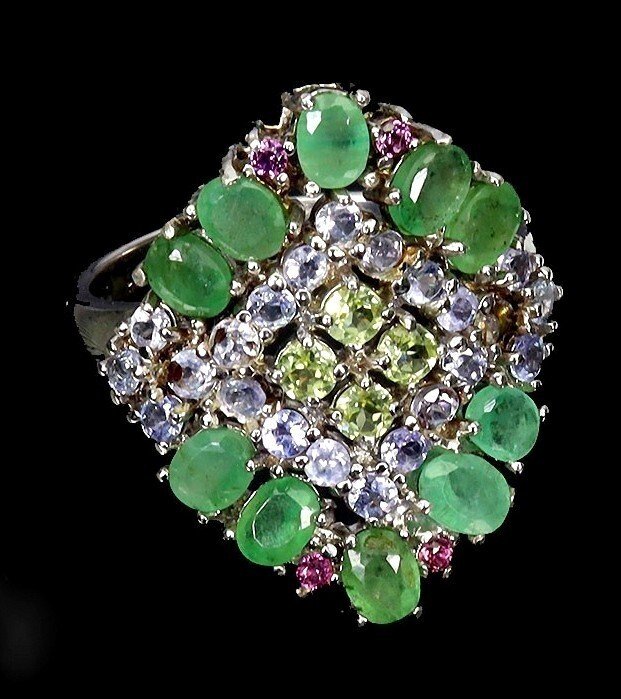 Fără preț de rezervă - Inel Argint Smarald - Tanzanit, Peridot, Granat #2.1