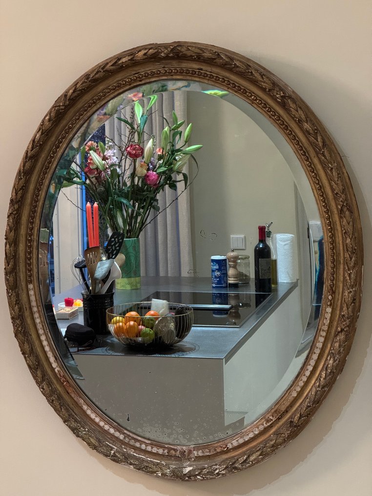 Wall mirror- Decor with laurel leaves and pearl edge. - faceted cut mirror, hardwood - Oval cut mirror #2.1