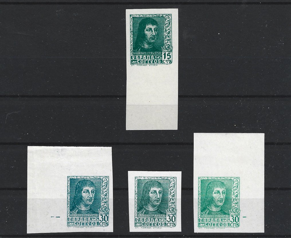 西班牙 1938 - Fernando el Católico - Selección SD - Ed. 841As + 3 x Ed.844ec  CColor -3 verdes- y cMs #1.0