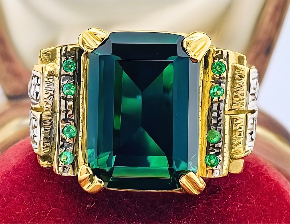 χωρίς τιμή ασφαλείας - Δαχτυλίδι - 9 kt. Κίτρινο χρυσό, Ασημί Σμαράγδι - Διαμάντι #4.3