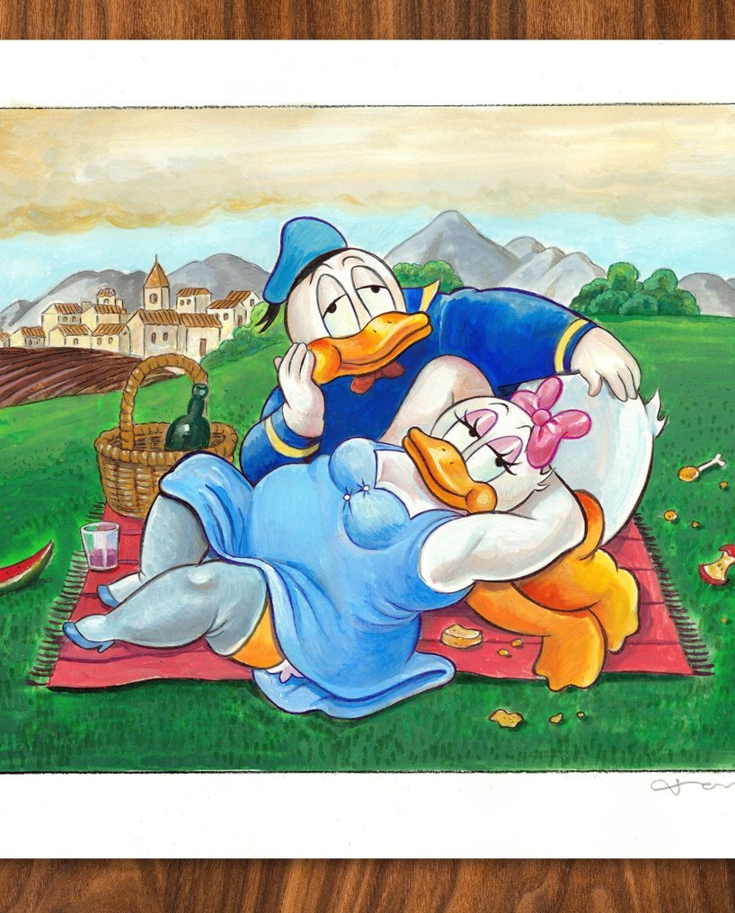 Tony Fernandez Originalt maleri - Donald & Daisy Inspired by Botero’s “Picnic” (2001) – Hand Signed #1.0