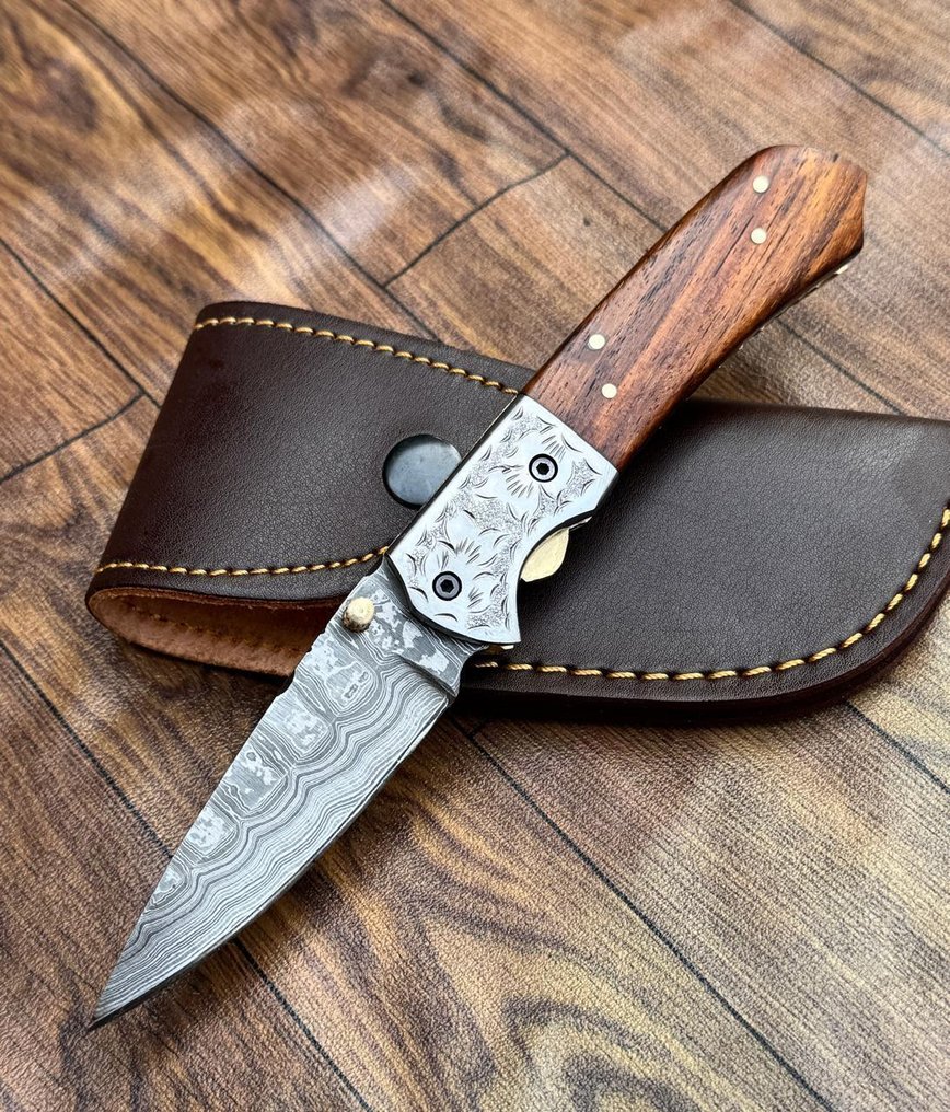 厨刀 - 厨房刀具 - 高级大马士革折叠口袋刀 - 天然木材 - 雕刻护手柄 - 亚洲 #2.1