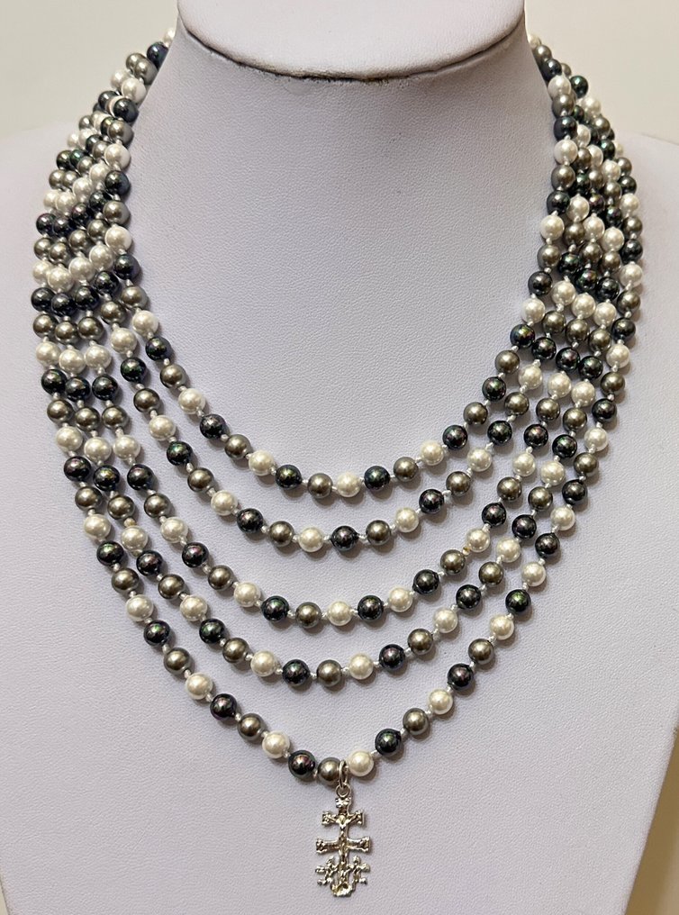 超级长款的母珠项链和卡拉瓦卡十字架。圣人的保护符。 - 吊墜頸鏈 - 高品质 925 银。 #2.1