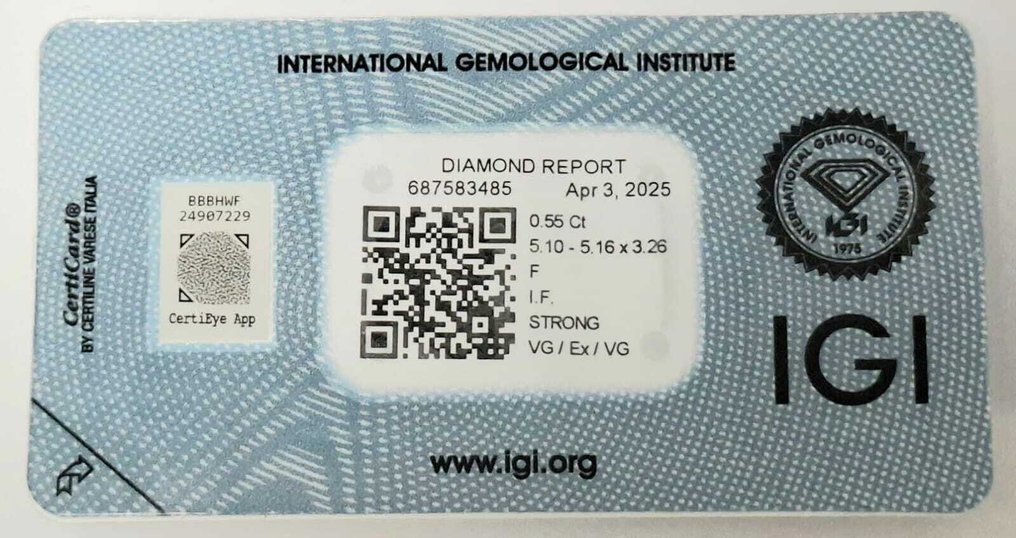 1 pcs Gyémánt (Természetes) - 0.55 ct - Kerek - F - IF - Nemzetközi Gemmológiai Intézet (IGI) #3.2