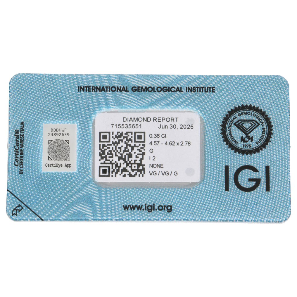 没有保留价 - 1 pcs 钻石  (天然)  - 0.36 ct - 圆形 - G - I2 内含二级 - 国际宝石研究院（IGI） #2.1