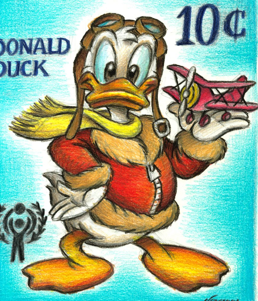 Joan Vizcarra Œuvre originale - Donald Duck Pilot Stamp – Hand Signed #3.2