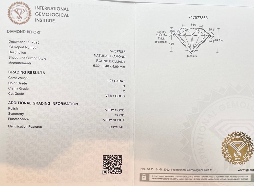No reserve price - 1 pcs Diamond  (Natural)  - 1.07 ct - Round - G - I2 - International Gemological Institute (IGI) #2.1