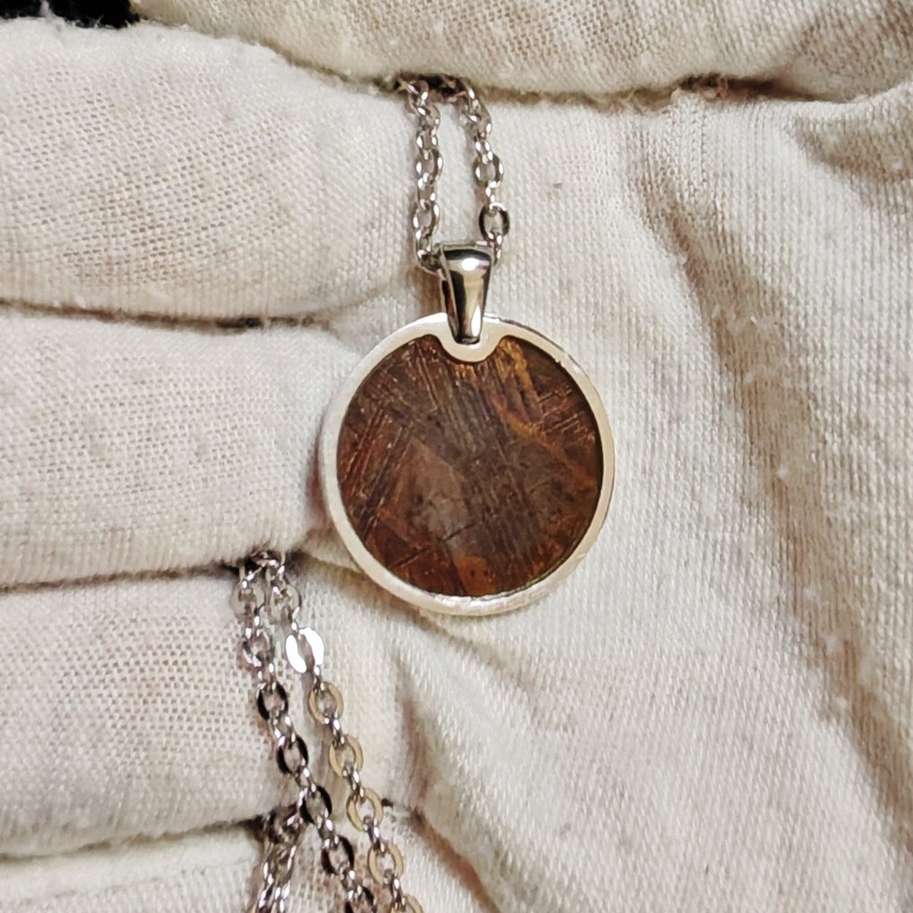 Steel and Muonionalusta meteorite pendant with a stainless steel chain. Iron meteorite - Height: 26 mm - Width: 21 mm - 4.36 g - (1) #3.2
