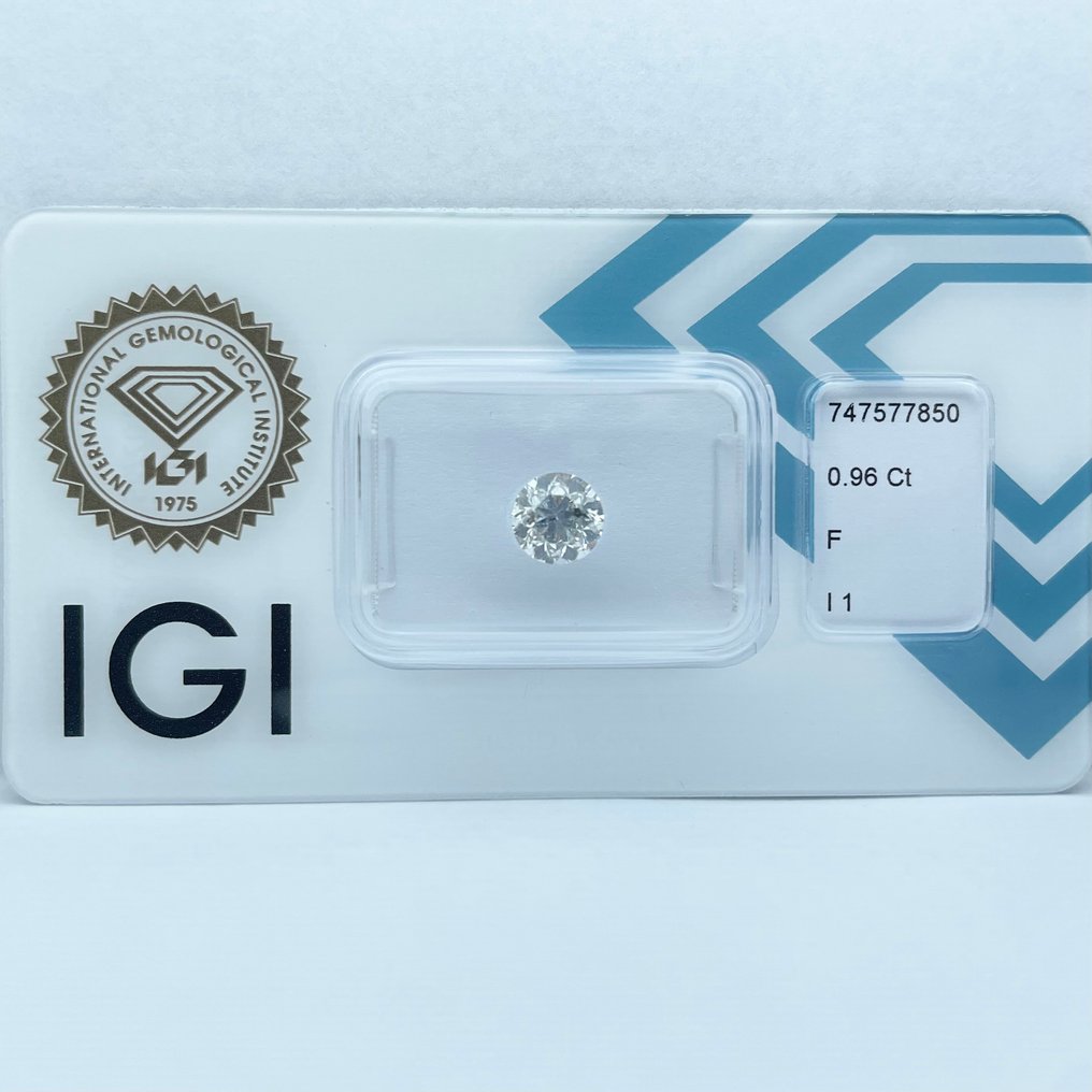 Nincs minimálár - 1 pcs Gyémánt  (Természetes)  - 0.96 ct - Kerek - F - I1 - Nemzetközi Gemmológiai Intézet (IGI) #1.0
