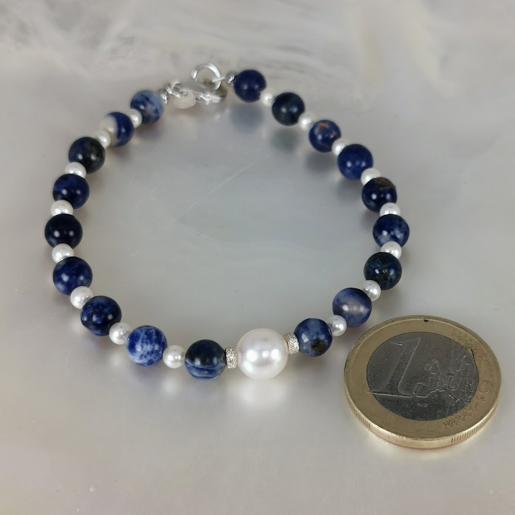 Senza prezzo di riserva - Bracciale Argento Perla - Pietre preziose miste - Akoya Ø3-7,6mm Sodalites #2.1