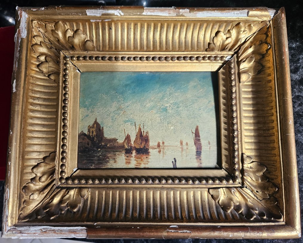 Ranskalainen koulukunta (XIX) - Paysage demer avec voiliers au port #1.0