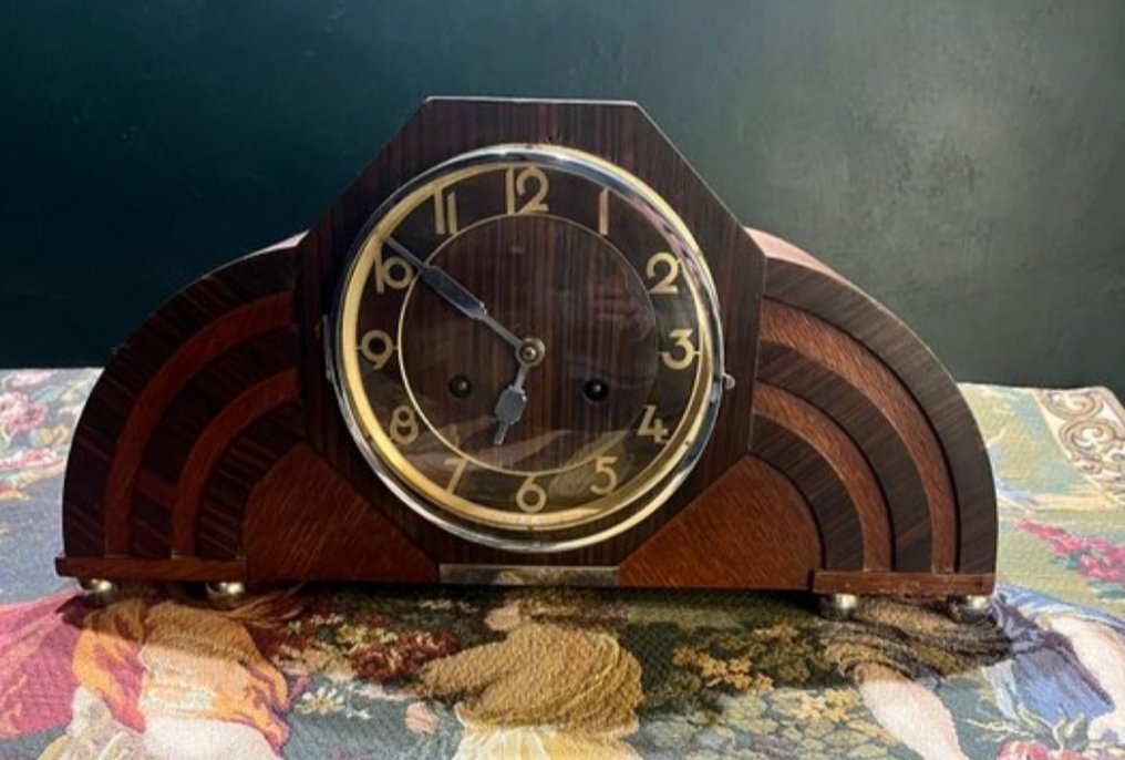 Amsterdam School Clock - Niemcy -  Art Deco Fa, Sárgaréz, Üveg, Króm - 1920-1930 #1.0