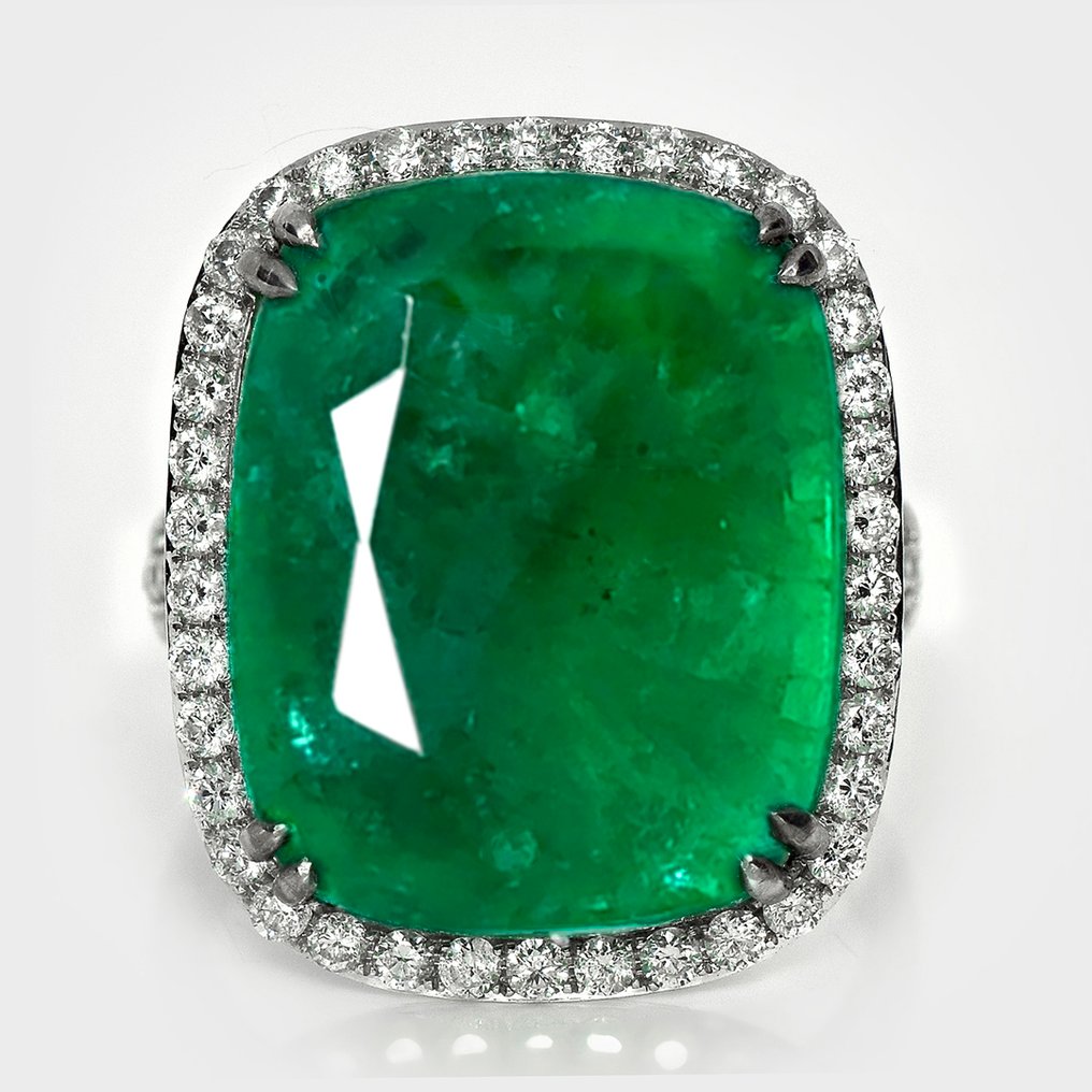 χωρίς τιμή ασφαλείας - Δαχτυλίδι - 14 καράτια Λευκός χρυσός, IGI 18.78ct Zambia Έντονο Πράσινο - 19.73ct. tw. Σμαράγδι - Διαμάντι #1.0