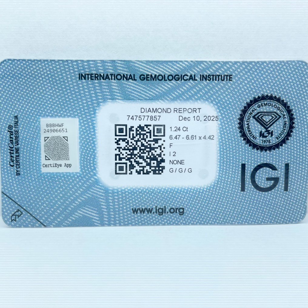 没有保留价 - 1 pcs 钻石  (天然)  - 1.24 ct - 圆形 - F - I2 内含二级 - 国际宝石研究院（IGI） #4.3