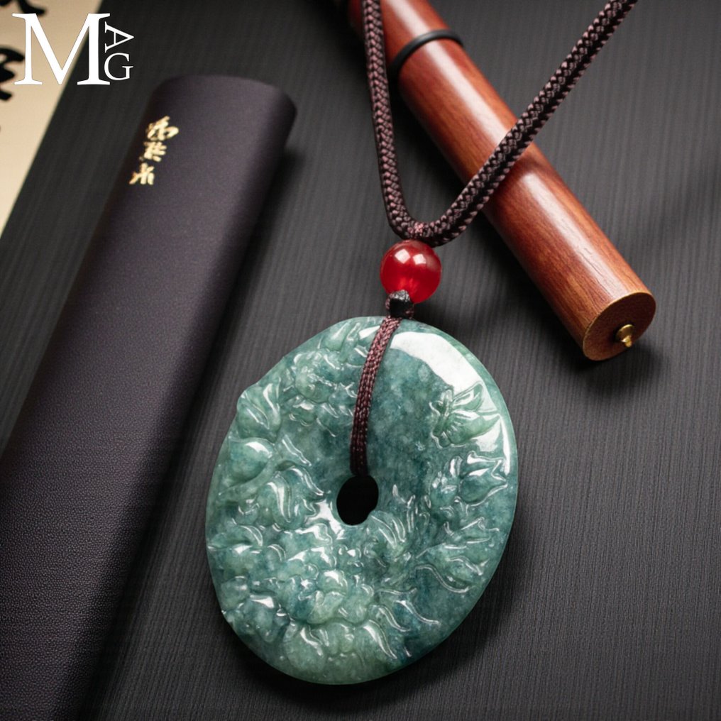 Handgeschnitzter Nephrit-Jade-Anhänger – Floraler Bi-Disc-Anhänger - Höhe: 36 mm - Breite: 36 mm- 14.5 g #4.3