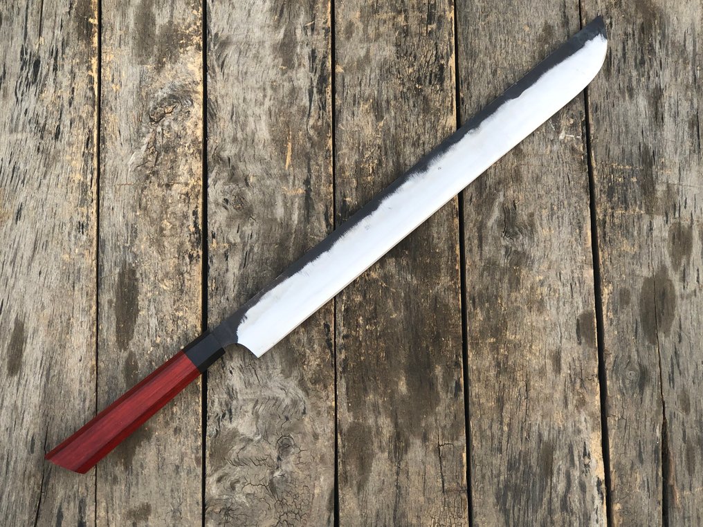 Μαχαίρι κουζίνας - Χειροποίητο μαχαίρι σεφ για σούσι, ειδικό ιαπωνικό ατσάλι, φυσική λαβή από κόκκινο ξύλο. - Βόρεια Αμερική - Δερμάτινα θήκη (S1) #1.0