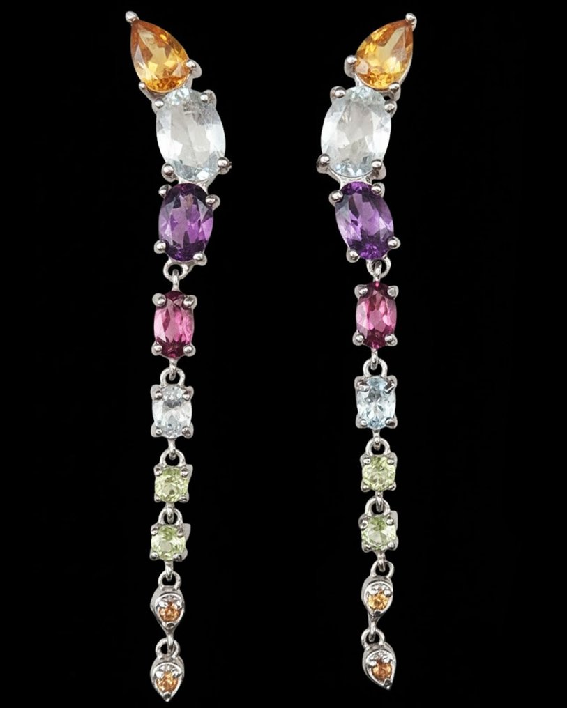 Acquamarina - Argento, Orecchini 'Cascata di Luce' ai 7 Chakra: Armonia e Gioia - Argento 925 - Orecchini #1.0