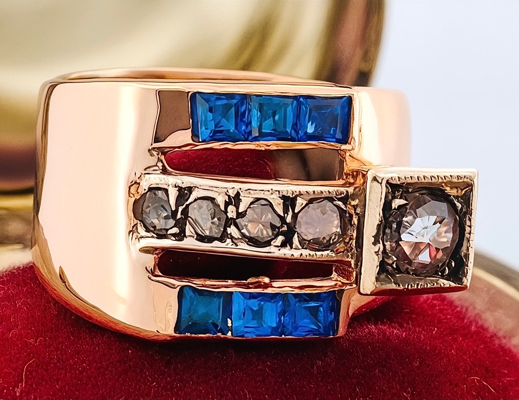 没有保留价 - 戒指 - 9 kt. 玫瑰金, 银 钻石 (天然) - 蓝宝石 #3.2