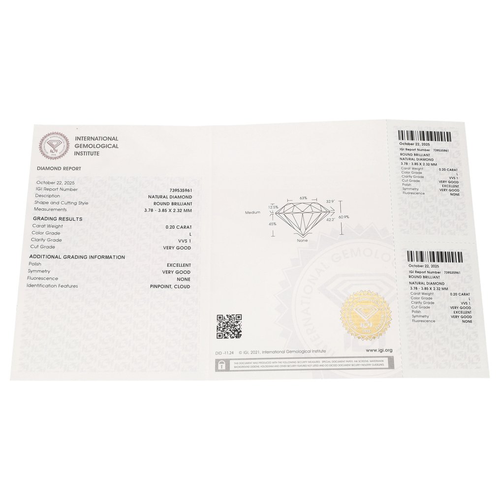 No reserve price - 1 pcs Diamond  (Natural)  - 0.20 ct - Round - L - VVS1 - International Gemological Institute (IGI) #3.2
