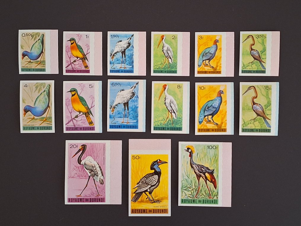 布隆迪  - 1965年 - 编号123/137，带有背胶的未使用全套鸟类系列邮票 RRR #1.0