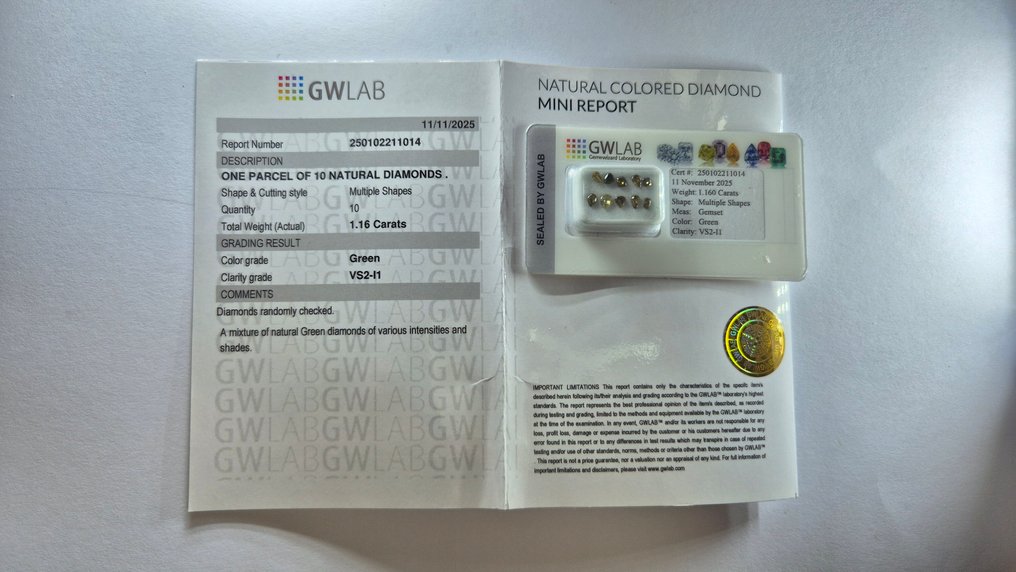 没有保留价 - 10 pcs 钻石  (天然色彩的)  - 1.16 ct - 混合形状 绿色 - VS2 轻微内含二级, I1 内含一级, SI1 微内含一级, SI2 微内含二级, SI2 微内三含级 - Gemewizard宝石实验室（GWLab） #3.2