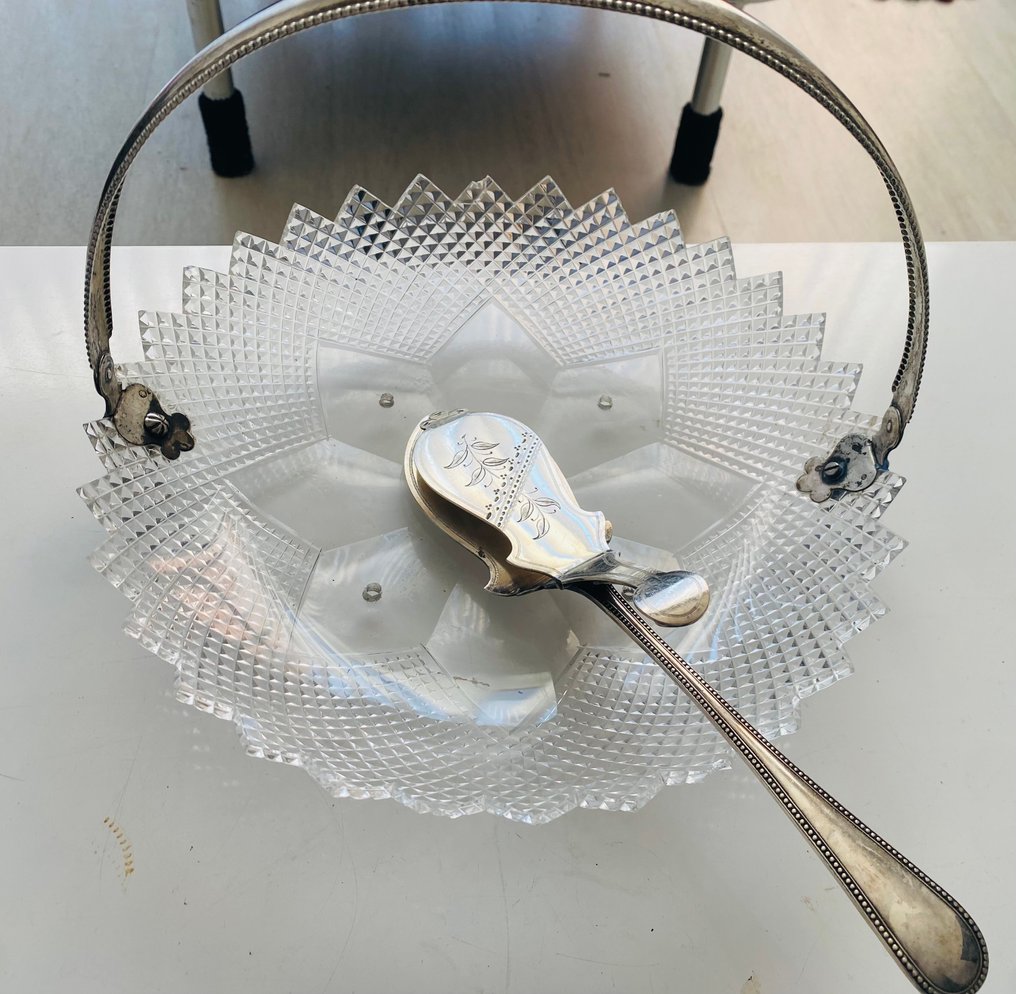 Łopatka do ciasta (2) - Kristallen soezenschaal z srebrnym uchwytem i szczypcami. - Szkło, kryształ i srebro #1.0