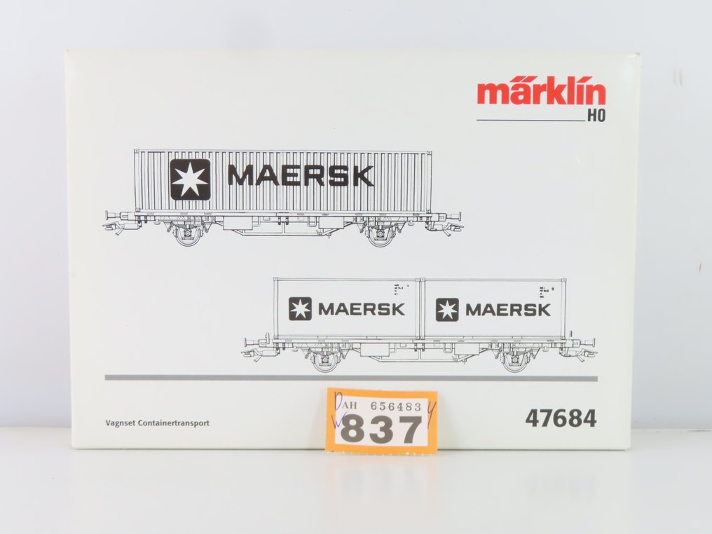 Märklin H0 - 47684 - Σετ τρένου μοντελισμού μεταφοράς εμπορευμάτων (1) - Σετ διπλών αγαθών με 2-άξονες container carriers με φορτίο και επιγραφή «Maersk» - DSB #2.1