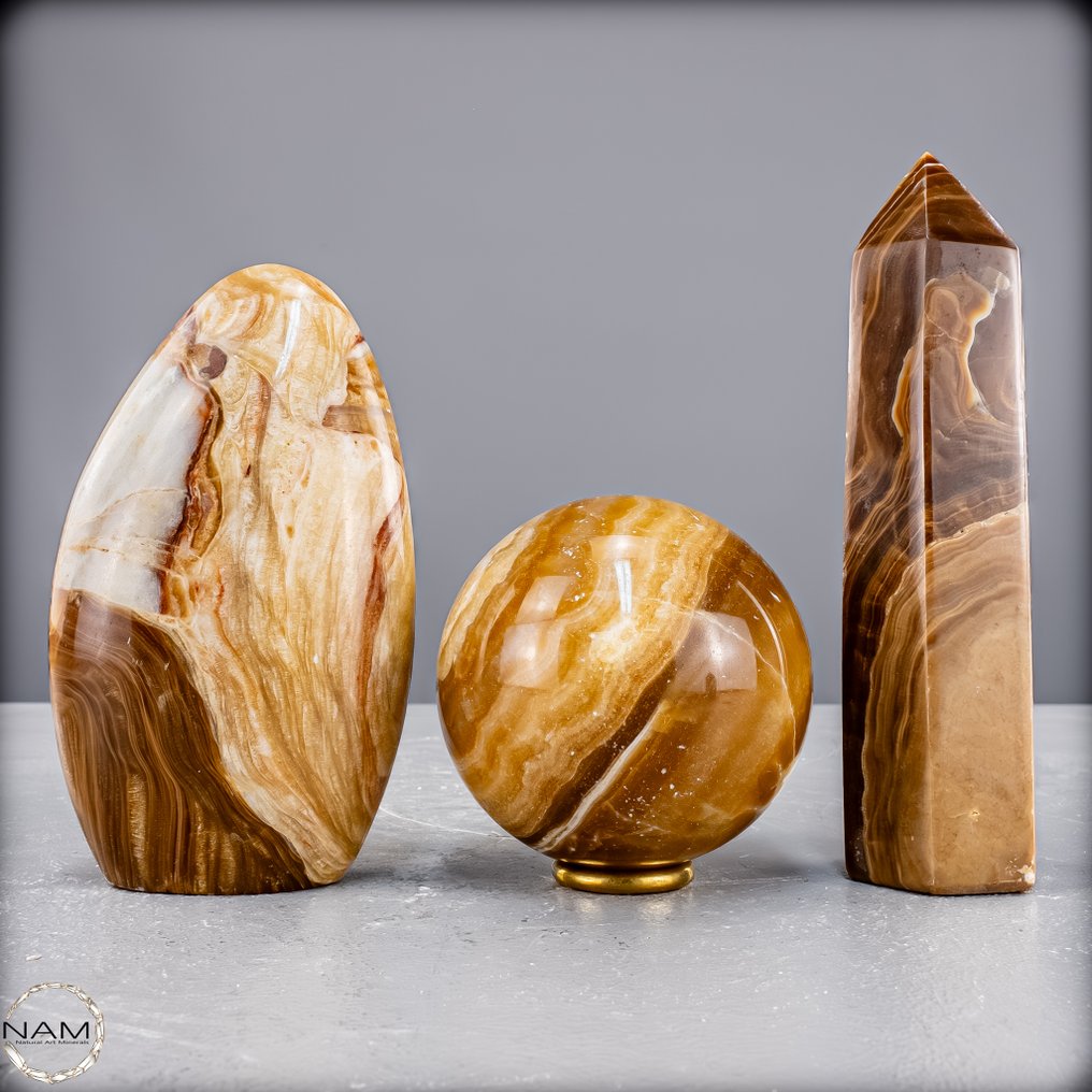 Elegant aragonite set – natural artistry in warm earth and honey tones Free forms- 1335.25 g - (3) #1.0