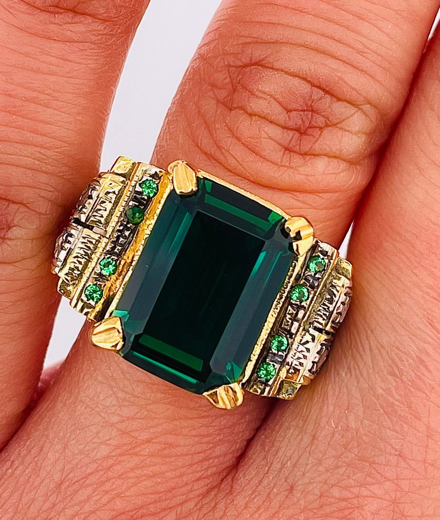 χωρίς τιμή ασφαλείας - Δαχτυλίδι - 9 kt. Κίτρινο χρυσό, Ασημί Σμαράγδι - Διαμάντι #3.2