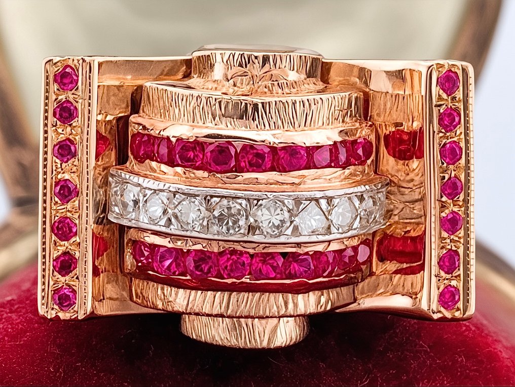 没有保留价 - 戒指 - 9 kt. 玫瑰金, 银 红宝石 - 钻石 #1.0