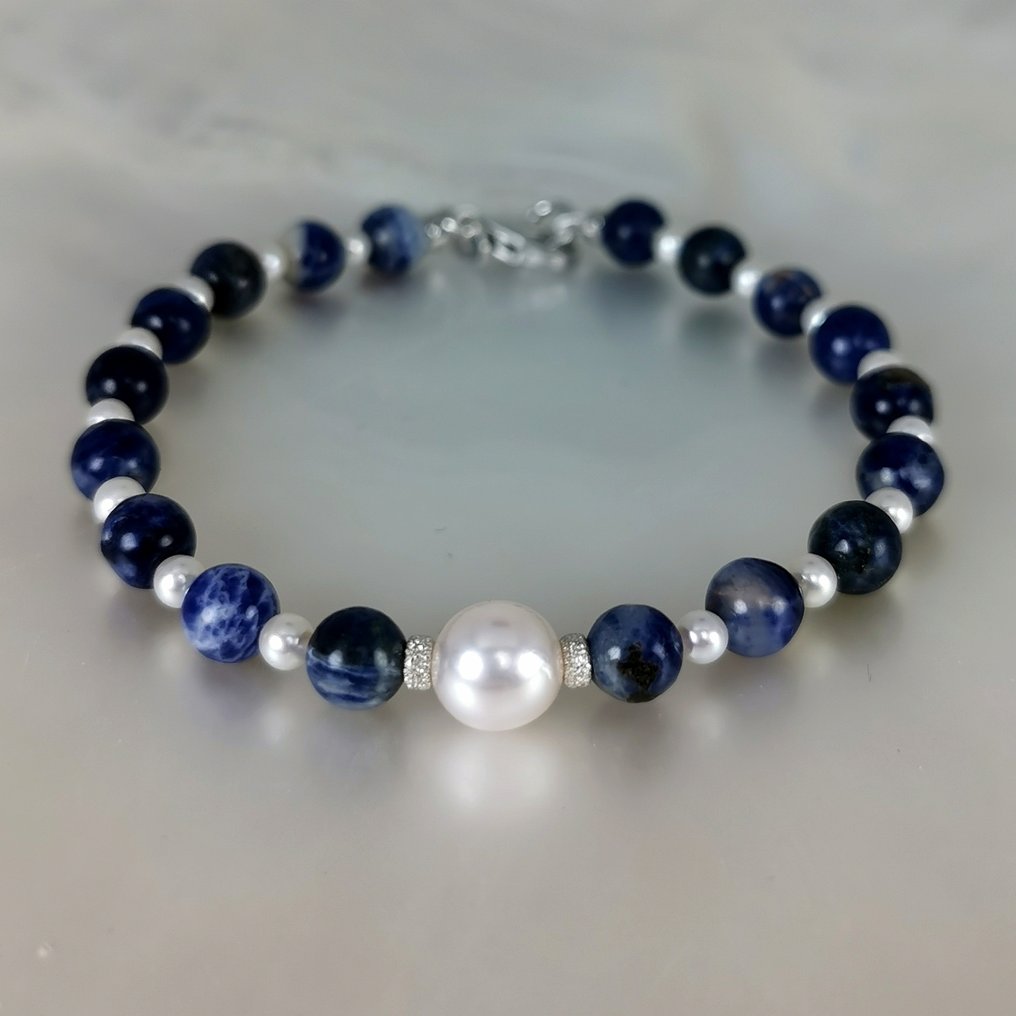 Senza prezzo di riserva - Bracciale Argento Perla - Pietre preziose miste - Akoya Ø3-7,6mm Sodalites #1.0