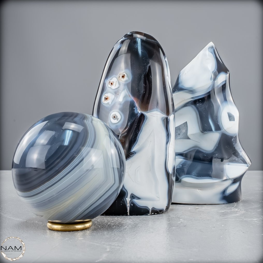 Natural Orca Agate Set of flame, freeform, and sphere.- 1696.31 g - (3) #2.1