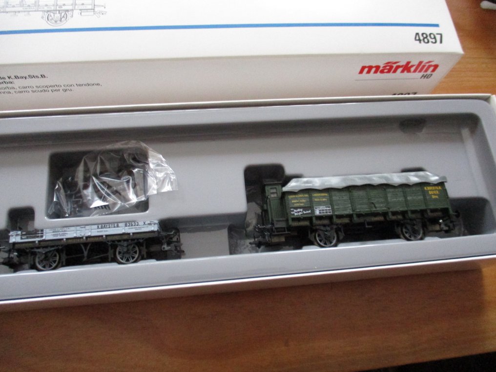 Märklin H0 - 4897 - Ensemble de wagons de marchandises pour trains miniatures (1) - Ensemble de wagons en emballage d'origine avec quatre wagons : wagon à tourbe couvert, wagon ouvert - K.Bay.Sts.B #4.3