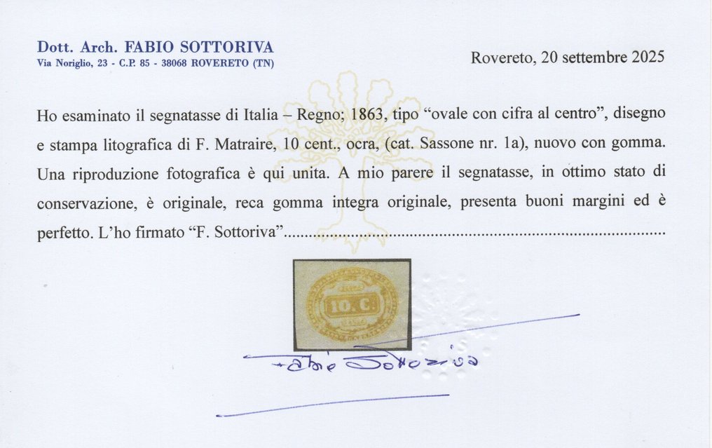 Olasz Királyság 1863 - SEGNATASSE - 1 Cent. 10 új, teljes gumibevonattal MNH #2.1