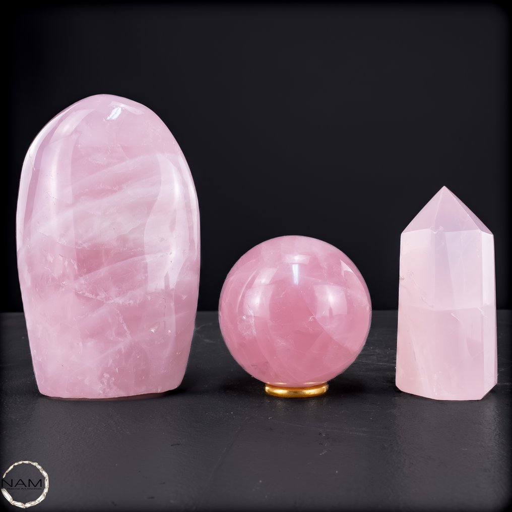 Set di quarzo rosa tenero – combinazione armoniosa di torre, forma libera e sfera Brasile pieno di magia ed energia.- 1148.22 g - (3) #4.3