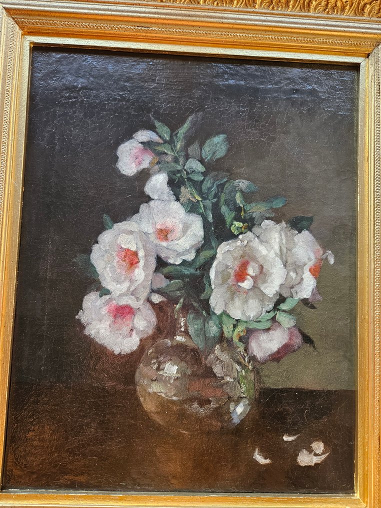 Willem Christian Georg Rueter (1875-1966) Attrib.to - Schitterend impressionistisch stilleven met rozen in een vaas op tafel #2.1