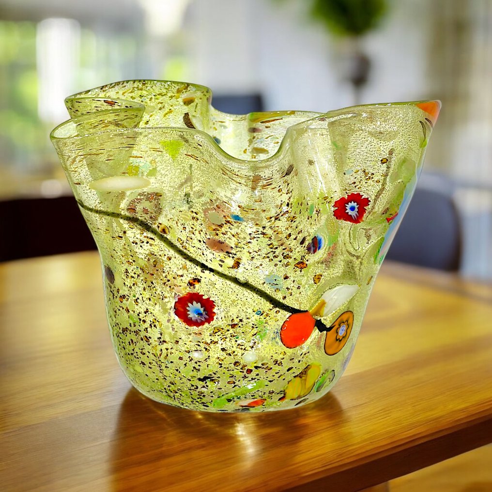 Filippo Maso - 花瓶 -  绿色手帕，配有银色叶子和玛拉尼珠 - 穆拉諾玻璃 #1.0