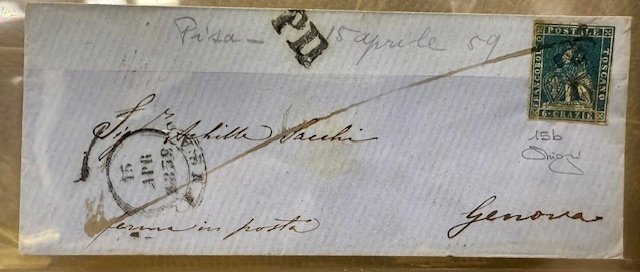 Anciens états italiens - Toscane 1859 - 6 fous azur vivant sur une petite enveloppe du 15/04/1859. - Sassone N. 15b #1.0