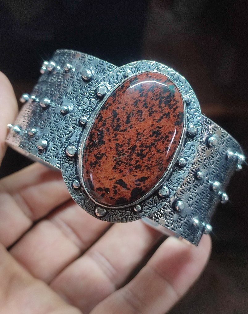 Βραχιόλι από ασήμι 925, όμορφο, χειροποίητο, πρώτης ποιότητας μαόνι και obsidian, χωρίς ελάχιστη - Βραχιόλι #1.0