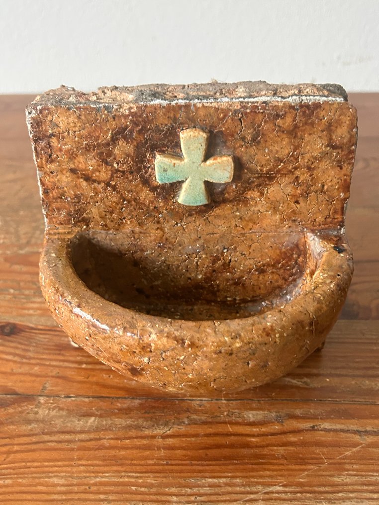 古董 圣水洗礼盘 - 1850-1900 - 釉面十字  #3.2