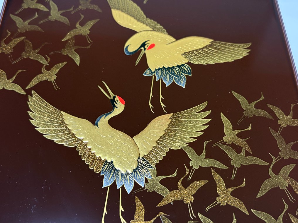 Box - Refined black lacquered letter box designed with beautiful flying gold cranes - lacquerware - crane/box/bird/letter box #4.3