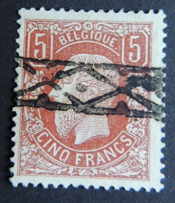 Belgia 1869 - 5Fr brun-rouge Cob # 37 avlyst uendelig rutenett. Sertifikat. #1.0