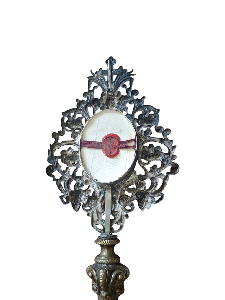 Antiikki Pyhäinjäännöslipas - Messinki, Tekstiili - 1750-1800 - Pyhä Risti meidän Herramme Jeesuksen Kristuksen + 4 pyhien evankeliumin pyhimyksen reliikkiä. #4.3