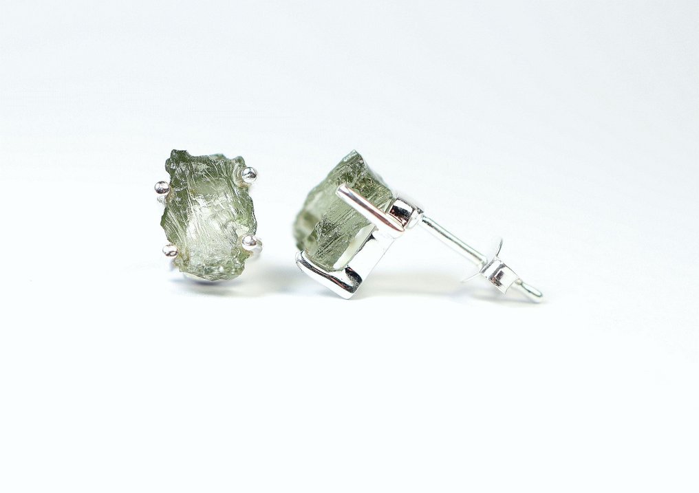 2 Moldavite ear studs / rough / new 925. Sterling Silver - 1.7 g - (2) #1.0