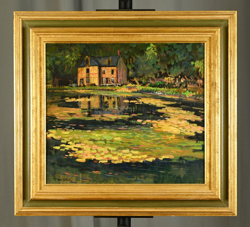 Albert Malet (1905-1986) - La maison à colombages avec un étang #1.0