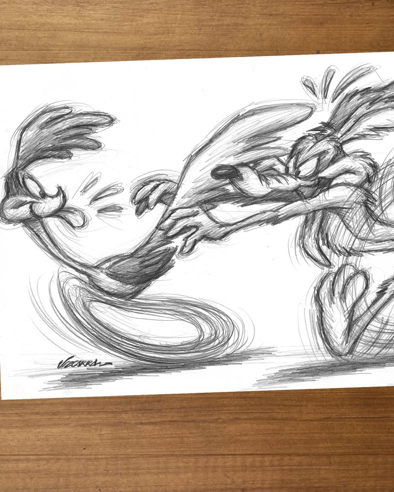 Joan Vizcarra - Crayon original - Wile E. Coyote & Road Runner “Eternal Chase” – Hand Signed #1.0
