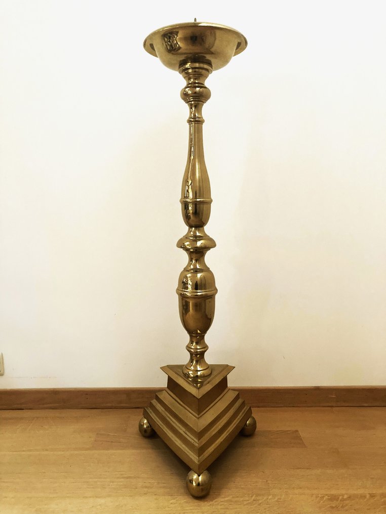Kerk kandelaar met kaars - 108 cm - Messing, Was - 1960-1970 #4.3