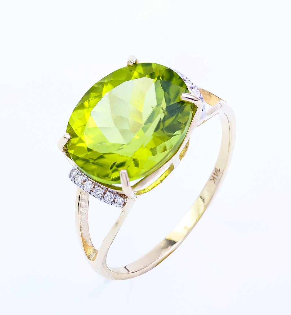 Bague - 14 carats Or jaune Péridot - Diamant - US-7 #1.0