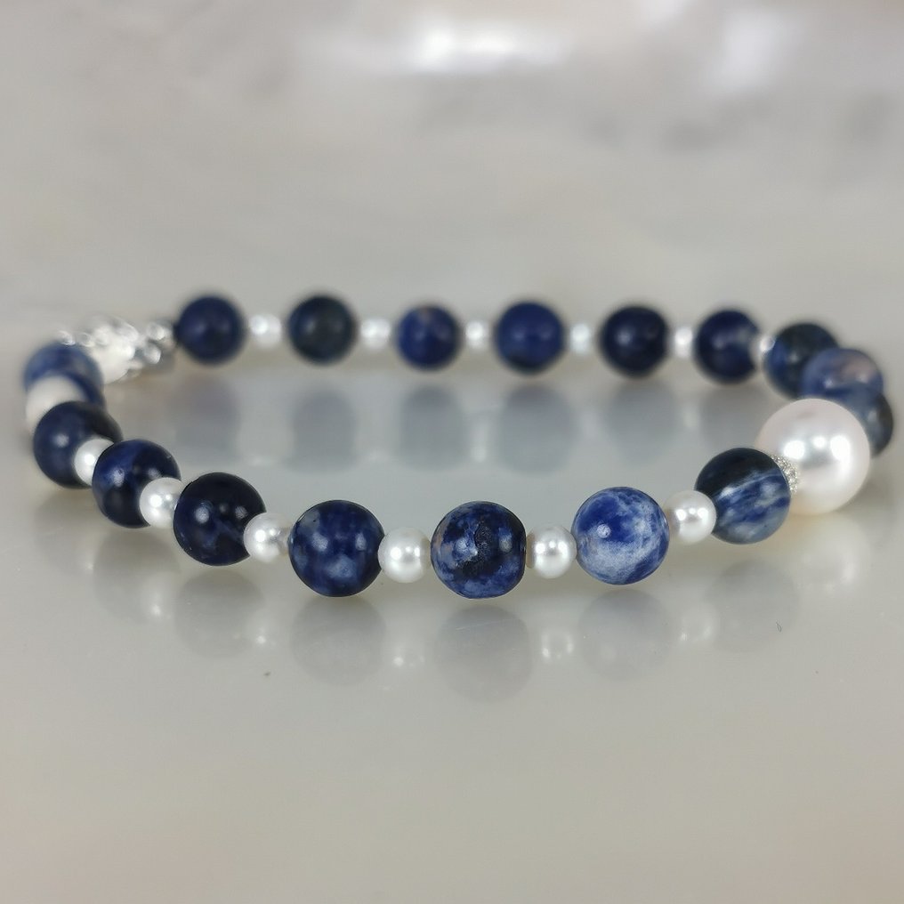 Senza prezzo di riserva - Bracciale Argento Perla - Pietre preziose miste - Akoya Ø3-7,6mm Sodalites #4.3